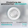 A graphic with text and an illustration of a fan's control dial, highlighting its timer features. Produktbild-Vorschau