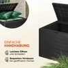 A close-up view of an open garden storage box with pillows inside, and a larger view of the box on the right, with text highlighting ease of use. Produktbild-Vorschau