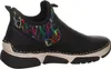Side view of a black slip-on boot with a colorful balloon pattern on the ankle. Voir les images du produit