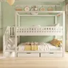 A white bunk bed with stairs and storage drawers, set against a light green wall. Anteprima dell’immagine prodotto
