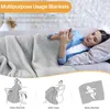 A woman is lying on a couch covered by a blanket, using her phone. Below are three illustrations showing different uses of the blanket: patio warmth, sofa cozy, and baby blanket. Produktbild-Vorschau