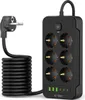 A black power strip with multiple outlets and USB ports, connected to a black power cord and plug. Produktbild-Vorschau