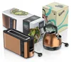 A copper-colored toaster and kettle are displayed next to their packaging. Náhľad obrázku produktu