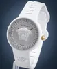 A white Versace watch with a Medusa head on the dial, set against a blue background. Náhled obrázku produktu