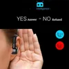 A close-up of a person wearing a Bluetooth headset, with text and icons indicating call answering and refusal. Produktbild-Vorschau