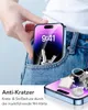 A hand is placing a smartphone into a jeans pocket, with keys also in the pocket. Another smartphone is visible in the foreground with keys attached to a keychain. Produktbild-Vorschau