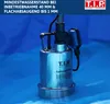 A submersible pump is shown in shallow water, with text overlay describing its minimum water level and flat suction capabilities. Produktbild-Vorschau