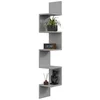 A grey zigzag corner shelf mounted on a white background, decorated with a potted plant, a digital clock, and a decorative bust with reeds. Produktbild-Vorschau