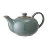 A side view of a green ceramic teapot with a lid and handle, isolated on a white background. Produktbild-Vorschau