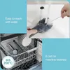 Collage showing a product being washed by hand and in a dishwasher, with text overlays highlighting features. Produktbild-Vorschau