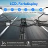 Close-up view of an electric bicycle's handlebars and display, with a blurred road background and feature highlights at the top and bottom. Produktbild-Vorschau