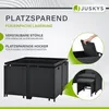 A marketing image showcasing a space-saving outdoor furniture set, highlighting its stackable and stowable features. Produktbild-Vorschau