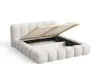 A beige upholstered bed frame with its storage compartment open, revealing the slatted base and storage space. Voir les images du produit