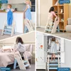 Collage of four images showing children using a step stool in different household settings. Produktbild-Vorschau