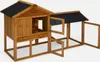 A wooden rabbit hutch with an attached run, shown from a slightly elevated side angle with doors open. Produktbild-Vorschau