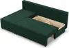 A dark green sectional sofa with its storage compartments open, revealing the wooden interior. The sofa is shown from a slightly elevated, diagonal angle. Produktbild-Vorschau