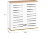 A white cabinet with wooden accents and louvered doors, with dimensions indicated by measurement lines. Náhled obrázku produktu