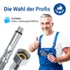 A smiling plumber gives a thumbs-up next to plumbing parts and marketing text. Produktbild-Vorschau