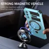 A hand holding a light blue phone case with a magnetic ring stand, demonstrating its attachment to a car magnetic mount. Anteprima dell’immagine prodotto