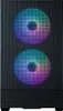 A front view of a black computer case with two illuminated RGB fans. Produktbild-Vorschau
