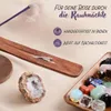 A collection of spiritual items including incense, crystals, and a geode, presented with marketing text. Produktbild-Vorschau