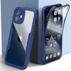 A blue iPhone case with a clear back is shown, with a second iPhone in a similar case with its screen protector partially lifted. Produktbild-Vorschau