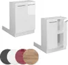 A collage showing a white kitchen cabinet with two doors, one of which is open to reveal shelves. Below the cabinet are circular swatches of different color options: black, white, red, and wood grain. Another view of the cabinet with closed doors is also p Produktbild-Vorschau