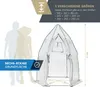 A diagram showing a greenhouse with dimensions and size options, alongside silhouettes of two people for scale. Produktbild-Vorschau