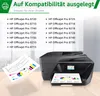 A printer with a list of compatible HP OfficeJet Pro models and printed charts. Produktbild-Vorschau