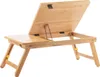 A wooden laptop table with adjustable legs and an adjustable top, shown against a white background. Produktbild-Vorschau