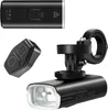 A product shot of a bicycle front light, its remote control, and a Garmin mount, all presented on a white background. Produktbild-Vorschau