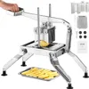 A commercial vegetable slicer is shown in use, with a hand pressing down on the handle to slice a potato. Sliced potatoes are visible in a tray below. Náhľad obrázku produktu