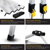 Collage of four images showing different features of a foldable camping table. Produktbild-Vorschau