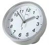 A close-up, angled shot of a white analog clock with a silver frame. Produktbild-Vorschau