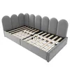A grey upholstered bed frame with a slatted mattress base, shown from a diagonal angle. Anteprima dell’immagine prodotto