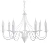A white chandelier with seven candle-shaped bulbs, suspended from a chain against a white background. Voir les images du produit