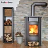 A wood-burning stove with a stack of firewood next to it, and a shelf unit with firewood and storage bags. Náhled obrázku produktu