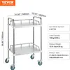A stainless steel two-tier rolling cart with dimensions and specifications displayed. Podgląd zdjęcia produktu