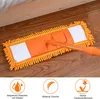 A mop head with an orange handle is shown on a wooden floor, with three circular icons below it illustrating product features. Produktbild-Vorschau