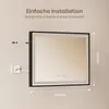 A bathroom mirror with LED lighting is shown mounted on a wall, with installation accessories nearby and dimensions indicated. Anteprima dell’immagine prodotto