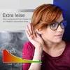 A woman is holding her hand to her ear, listening intently, with a kitchen hood and a sound level chart in the background. Produktbild-Vorschau