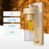 An outdoor wall light with technical specifications displayed next to it. Produktbild-Vorschau