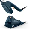 Two views of a dark blue Tefal steam iron and its base, presented against a white background. Anteprima dell’immagine prodotto