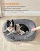 A dog is lying on a dog bed, with text describing the features of the bed. Produktbild-Vorschau