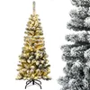 A flocked artificial Christmas tree with warm white LED lights and a black metal stand, presented against a white background. A close-up of a similar tree is shown to the right. Náhľad obrázku produktu