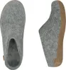 Two views of a grey felt slipper with a brown sole. Produktbild-Vorschau