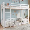 A white wooden bunk bed with a ladder and safety rails, decorated with star-shaped lights and a fox stuffed animal. Voir les images du produit