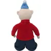 A plush toy from the back, wearing a blue and white striped hat, a red turtleneck sweater, and blue jeans. Produktbild-Vorschau