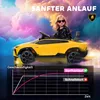 A child is sitting in a yellow toy car with a colorful, cloudy sky in the background. A graph showing speed over time is overlaid at the bottom. Produktbild-Vorschau