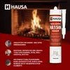 A tube of HAUSA Kamin Ofen Dichtstoff HA1500 is shown in front of a fireplace with text describing its uses. Produktbild-Vorschau